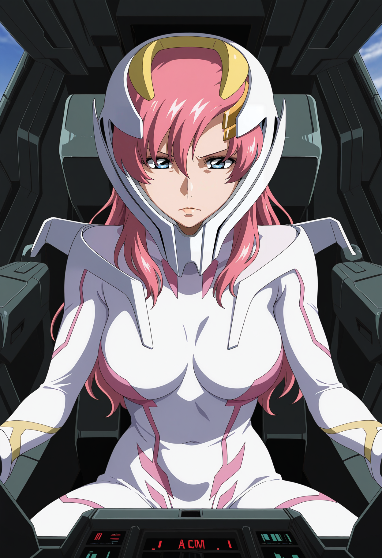 1girl,solo,mm,mature female,pink hair,helmet,blue eyes,anime coloring,
white bodysuit,cockpit, sitting,serious
,masterpiece,best quality,amazing quality,<lora:Lacus_Clyne-Gundam_SEED_Freedom_r1:0.8>