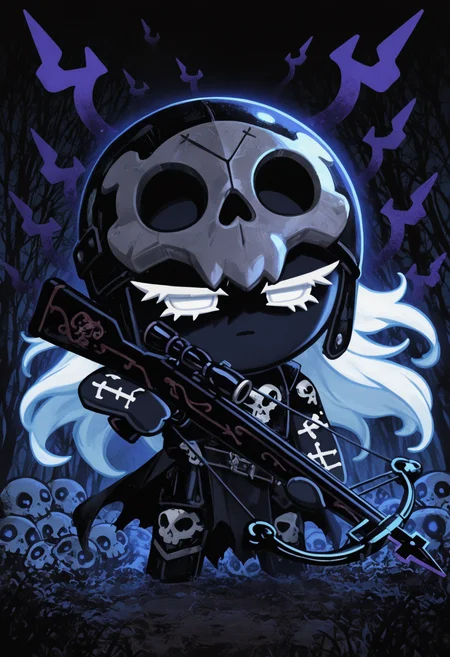 masterpiece,best quality,amazing quality,
colored eyelashes,white eyelashes,
1boy, dark, leather armor, skull-themed helmet with a menacing gaze, black, long hair flowing behind him, tattooed arms and torso, intense pose, solo, full body, dark, misty forest background, (hunter theme:1.1), (dark theme:1.1), holding a powerful, ornate crossbow or rifle, surrounded by an aura of danger and mystery, with a few skulls or bones scattered around him, and a soft, ominous glow emanating from the skull helmet as he stalks his prey through the shadows
crk1styl111,<lora:lycoris:1>,(chibi:1.4),