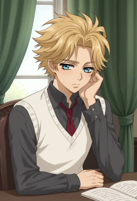score_9, score_8_up, score_7_up, source_anime, highly detailed,
hanabusaidoh, solo, blonde hair, 1boy, male focus, necktie, sweater vest, blue eyes, vest, curtains, red necktie, shirt, collared shirt, grey shirt, upper body,
indoor, sit, table, head rest, sleepy,