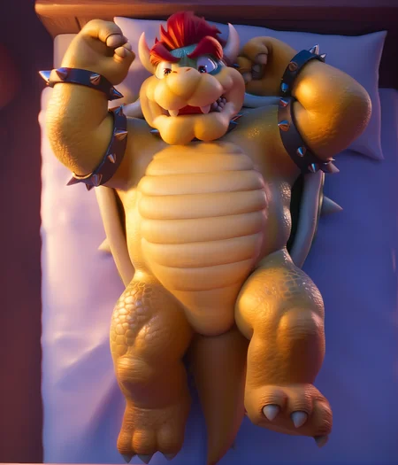 score_9, score_8_up, score_7_up, score_6_up, score_5_up, score_4_up, source_furry, standing, full body, 4 fingers, 3 toes, <lora:Bowser_-_Super_Mario_Bros._Film3:1> bowser, spikes, horns, spiked shell, spiked armlet, bracelet, jewelry, teeth, spiked bracelet, tail, red hair, sharp teeth, bed, (laying down:1.2),