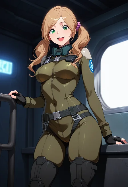 masterpiece, best quality, amazing quality, 1girl, solo, cowboy shot, ninaww, green eyes, brown hair, long hair, twintails, hair ornament, pink hair scrunchie, medium breasts, aldnoahsuit, bodysuit, neck guard, breasts, black fingerless gloves, black combat boots, looking at viewer, smile, open mouth, skindentation, detailed clothing folds, depth of field, sharp, high contrast, dynamic light <lora:Aldnoah_Zero_Nina_Klein_ill:1>