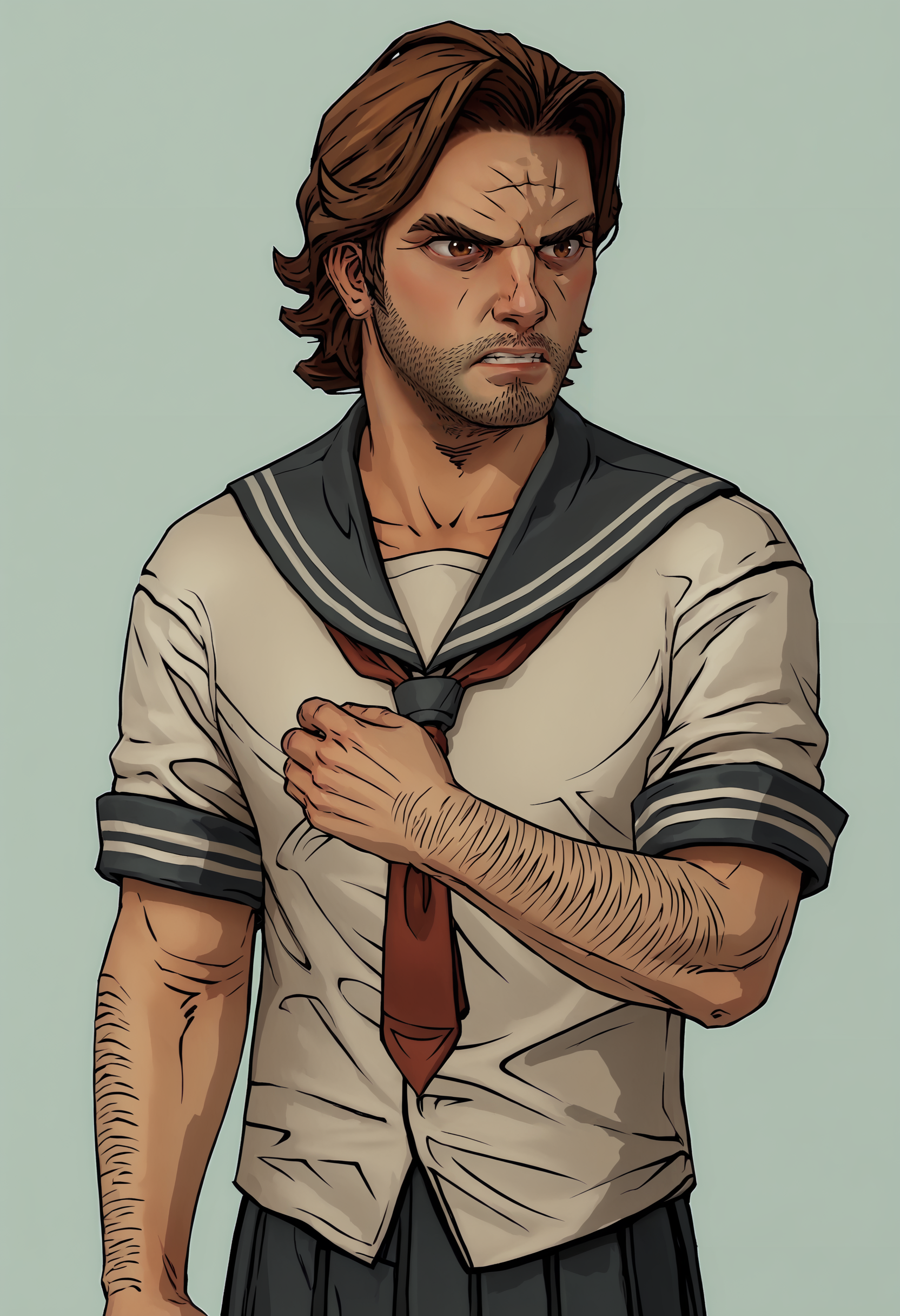 score_9, score_8_up, score_7_up, score_6_up, score_5_up, score_4_up, 1boy, <lora:BigbyWolf:0.85> solo, brown hair, facial hair, brown eyes, stubble, arm hair, standing, upper body, angry, seifuku, wearing sailor outfit, pleated skirt, blush,
(light blue background), simple background,