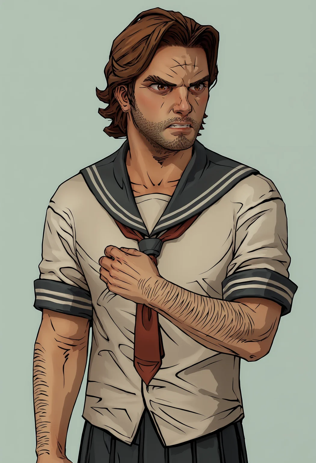 score_9, score_8_up, score_7_up, score_6_up, score_5_up, score_4_up, 1boy, <lora:BigbyWolf:0.85> solo, brown hair, facial hair, brown eyes, stubble, arm hair, standing, upper body, angry, seifuku, wearing sailor outfit, pleated skirt, blush,
(light blue background), simple background,