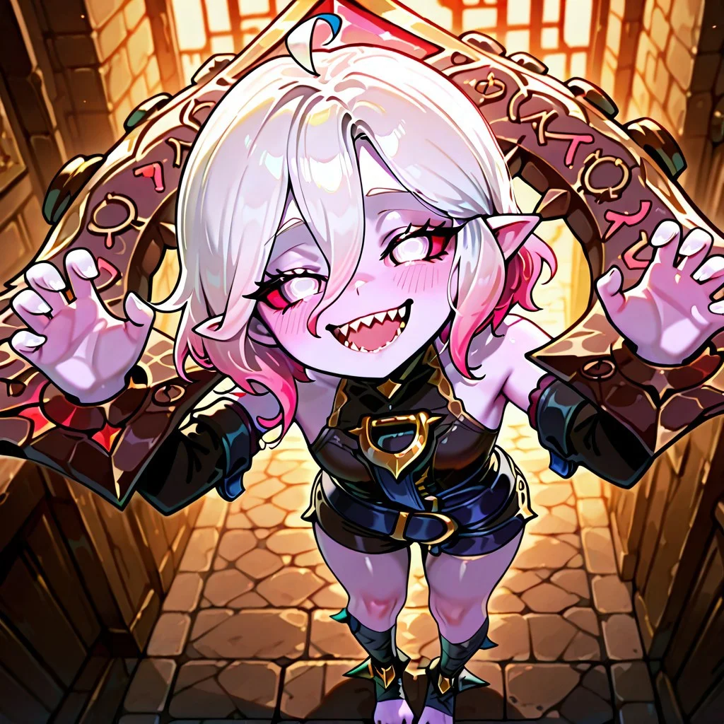 1girl, solo, best quality, masterpiece,1girl, briar, white eyes, colored sclera, white hair, gradient hair, short hair, hair between eyes, ahoge, shackles, claw pose, pointy ears, sharp teeth, grey skin, bare shoulders, detached sleeves, bandaged legs, barefoot, standing, (from below) heart-shaped eyes, mesugaki, blush, smug, <lora:NTR_MIX_4.0_LORA:0.5>