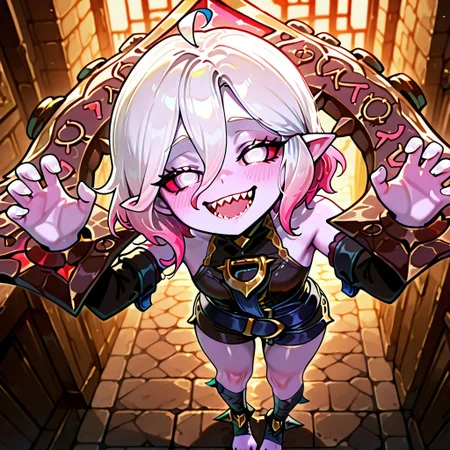 1girl, solo, best quality, masterpiece,1girl, briar, white eyes, colored sclera, white hair, gradient hair, short hair, hair between eyes, ahoge, shackles, claw pose, pointy ears, sharp teeth, grey skin, bare shoulders, detached sleeves, bandaged legs, barefoot, standing, (from below) heart-shaped eyes, mesugaki, blush, smug, <lora:NTR_MIX_4.0_LORA:0.5>