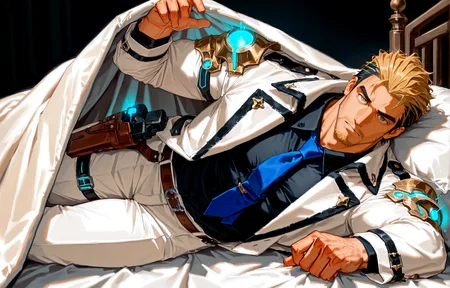 1300 <lora:pose_LoRAUnderCoversNoobAIXLPred:1> under covers, 1boy, solo, pov, male focus, under covers, lying, under covers, lying, on side, on bed, pillow, looking at viewer, 
<lora:Justin__Alchemist_Code-000003:.7>, tagatamejustin, 1boy, two-tone hair (blonde and black), slicked back hair, grey eyes, moustache, solo, male focus, manly, bara, muscle body, mature male, coat, long sleeves, collared shirt, tie, shoulder armor, glowing, gun, gun holster, belt, pants, shoes,
cowboy shot,
(very short hair, beard, bara, mature, facial hair, stubble, beard, full beard, sideburn, beard, a lot of beard, ), facial hair,male focus, muscular male, muscular male, bara, mature,  bara, mature, aixiwuganda_(20222192), very awa, masterpiece, best quality, absurdres, newest, perfect quality, detailed background, intricate details,
<lora:slider_Body Type_alpha1.0_rank4_noxattn_last:3><lora:Anime Summer Days 2 Style SDXL_LoRA_Pony Diffusion V6 XL:.6><lora:slider_cfg_scale_boost:.7><lora:Artist6p:.55>, Artist6p, Artist04p,<lora:slider_il_brightness_slider_d1:-1><lora:slider_il_contrast_slider_d1:-1><lora:slider_DarkSlider1.2_alpha1.0_rank16_full_300steps:-.6><lora:slider_contract_controller_illus01_v1:.5>,