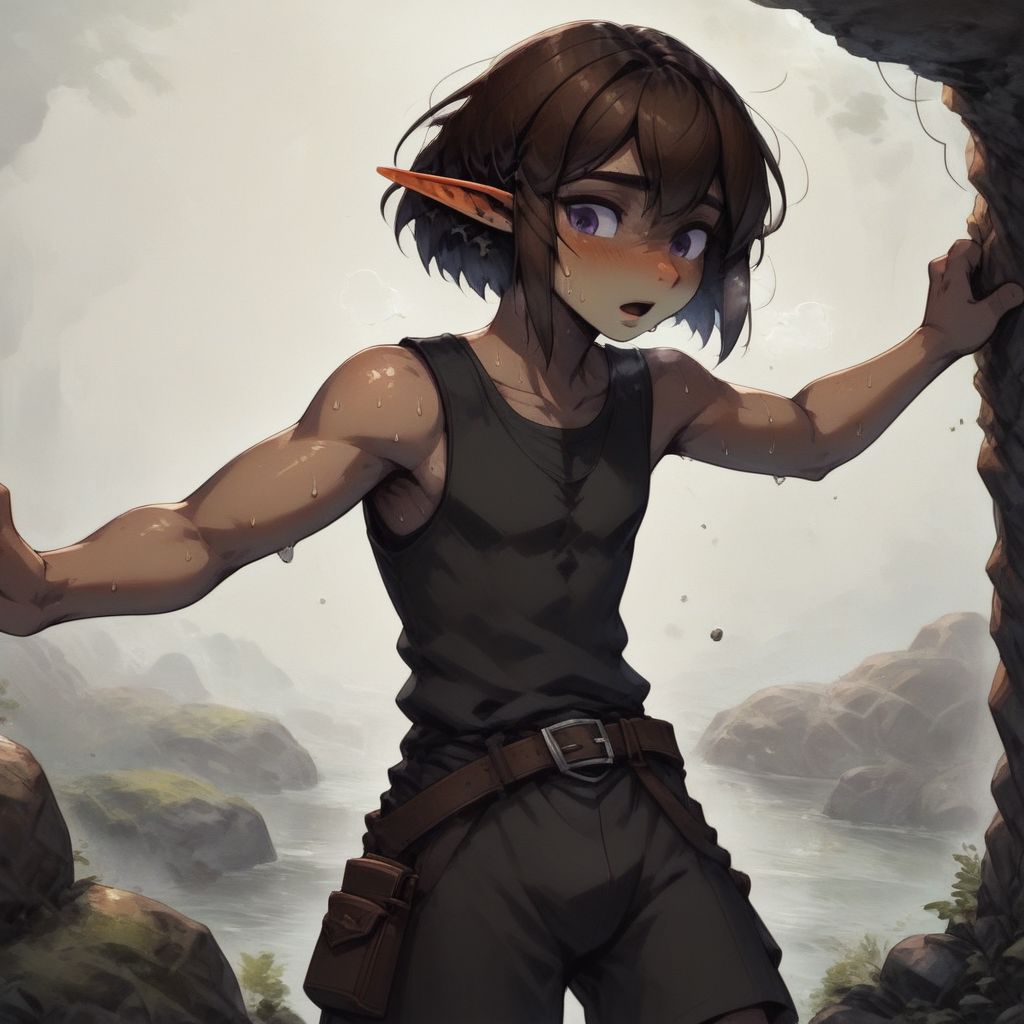 ASCIILapanya, 1 person, 3/4 view, solo, wary expression, open mouth, breathing heavily, sweat, pointy ears, snout nose, flat chest, olive-tone skin, tall, square jaw, violet irises, dark brown hair, mid-length hair, straight bob haircut parted in the middle, athletic build, small nostrils, 3 fingers 1 thumb, black sleeveless tunic, brown breeches, belt, fully clothed, climbing over a boulder, clean lines, highly detailed, high quality, best quality,  rating: safe