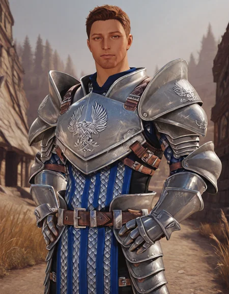 masterpiece, best quality, absurdres, newest, perfect quality, best quality, absolutely eye-catching, detailed background, intricate details, male focus, realistic, solo, <lora:Dragon Age - Alistair Theirin - Illustrious:0.8> da_alistair, 1boy, very short hair, brown eyes, stubble, warden pauldrons, warden breastplate, warden chainmail, warden belt, warden tassets, warden gauntlets, black pants, warden boots, outdoors, hands on hips, looking at viewer