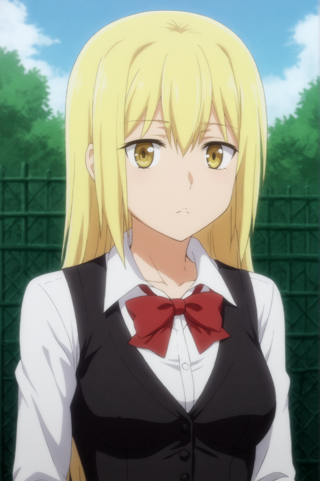 <lora:Ais_Wallenstein:0.7>, Ais Wallenstein, 1girl, solo, breasts, shirt, long_sleeves, bow, ribbon, collarbone, white_shirt, upper_body, bowtie, vest, red_bow, red_bowtie, black_vest, fence, head_out_of_frame <lora:sdxl_lightning_4step_lora:1>