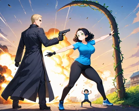 score_9, score_8_up, score_7_up, score_6_up, source_anime, ah1, (((duo, fight, 1boy and 1girl, size difference, height difference))), <lora:WeaponPoses-xl1024-v3a-0__p0s3s_w34p0n:1> p0s3_w34p0ns, (__ETOscenery__),
BREAK <lora:albertwesker-guy-PONYv1:1> albertwesker, albert wesker, 1boy, blonde, black gloves, sunglasses, long coat, trench coat, black coat, looking at another, toned, athletic, fit, slicked back hair, black turtleneck, zipper, mature male, (graphene textured clothes:1.7), (((sadistic smile, red eyes))), (motion lines:1.8), tall boy, holding weapon, handgun, gun,
BREAK 1girl, (curly hair), (long hair:1.2), (black hair), mature female, (parted hair:1.7), (round face), (no_bangs:1.3), (no_fringe:1.6), looking at another, (thick eyebrows), (curvy), round-chin, (dark olive green eyes), caucasian, down-turned eyes, <lora:ETO_OCPonyXL:0.5> eto_oc, skindentation, short girl, busty, voluptuous, (blue shirt, black yoga pants), puckered lips, bursting breasts, bouncing breasts, from side, holding weapon, handgun, gun, smile, smug,