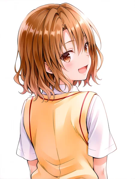 masterpiece,best quality,newest,
1girl,solo,
<lora:m_risa_ilxl_v1.1:1>,momioka,brown hair,brown eyes,m_clothes,short sleeve blouse,sweater vest,
<lora:Fixhands_anime_bdsqlsz_V1:1>,open mouth,:d,blush,simple background,white background,looking_at_viewer,looking_back,from behind,from_back,upper_body,