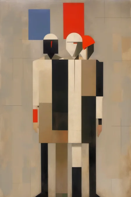 <lora:Euan Uglow Style:1>Euan Uglow Style - a suprematism painting of a human-like creatures celebrating the end of war even knowing the have lost in Vietnam with muted colors