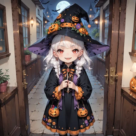 score_9, score_8_up, score_7_up, ((high_quality)), ((Super_Detailed)), source_anime, (((2girls))), standing next to each other, girla and girlb, (ultra HD quality details), anime, slightly chibi, BREAK,
girla, on the left, witch costume, witch hat, smug expression,
BREAK,
girlb, on the right, vampire costume, fangs
BREAK,
holding up candy bags, looking at viewer, front view, (detailed image, high resolution, 5k resolution:1.0), trick or treat, veranda, at the door, at dusk, halloween aesthetics, evening, good hands, bhands, (closeup), view from above