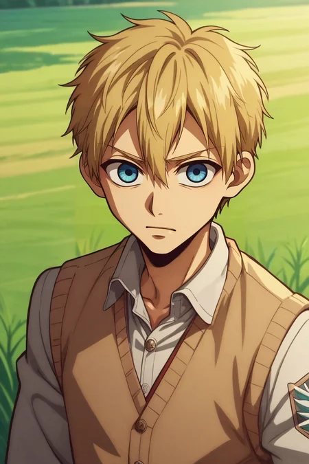 zPDXL, score_9, score_8_up, score_7_up, rating_safe, intricate details, , depth of field, 1boy, armin arlert, shingeki no kyojin, blonde hair, blue eyes, solo, upper body, grass, noon, leaning on object, skin fang, <lora:hanako-kun_style_pony:0.92>, hanako-kun_style, , <lora:sdxl_lightning_8step_lora:1>