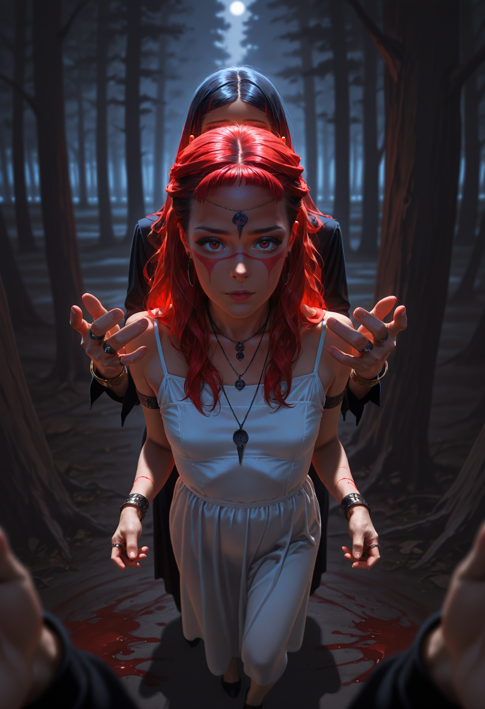 (high_quality, newest, incredibly_absurdres, very aesthetic, zbrush_\(artwork\), 5_fingers, digital_painting_\(artwork\), flat_colors, anime_coloring)
(HVC-Illu, fisheye, foreshortening, multiple girls, 2girls, jewelry, blood, ring, black hair, forest, dark_theme, realistic, red hair, dress, piercing, necklace, bracelet, white dress)