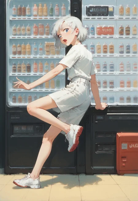 score_9,score_8_up,score_7_up, source_anime, anime,
<lora:jihankiKickPony:0.7> jihanki kick, jihanki, vending machine,
motion blur,
1girl,
skinny,
detailed eyes,
anime,
white hair,
blue eyes,
leg up,
pants,
back angle,
white sneakers,
(kicks vending machine:1.4),
broken glass,
drinks on the floor,
BREAK
robot, futuristic design, metallic shine, intricate detailing, sharp edges, mechanical joints, high-tech, cybernetic structure, industrial aesthetic, reflective metal surfaces,