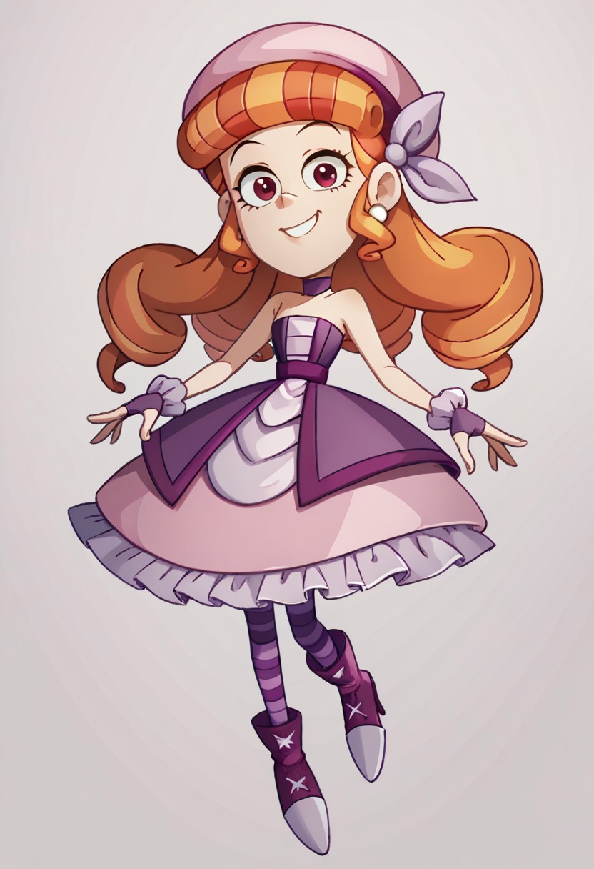 score_9, score_8_up, score_7_up BREAK TeoV, 1girl, orange hair, hair drills, red eyes, white pearl earrings, pink beret, lavender hair bow, purple choker, frilly purple fingerless gloves, open strapless purple fitted bodice jacket, purple belt, pink lavender layered dress, striped purple stockings, high-heeled purple boots, smiling at viewer, full body,