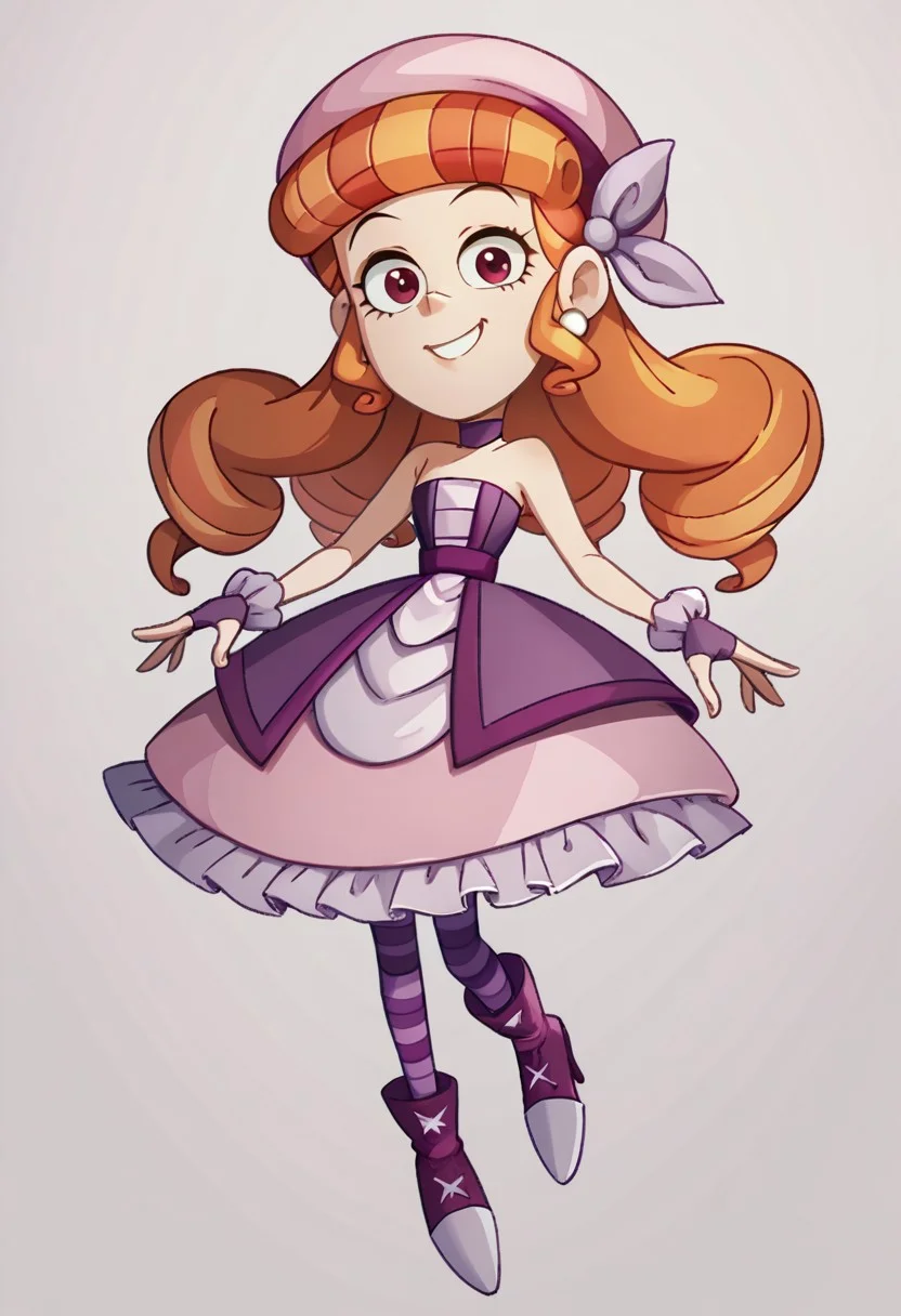score_9, score_8_up, score_7_up BREAK TeoV, 1girl, orange hair, hair drills, red eyes, white pearl earrings, pink beret, lavender hair bow, purple choker, frilly purple fingerless gloves, open strapless purple fitted bodice jacket, purple belt, pink lavender layered dress, striped purple stockings, high-heeled purple boots, smiling at viewer, full body,