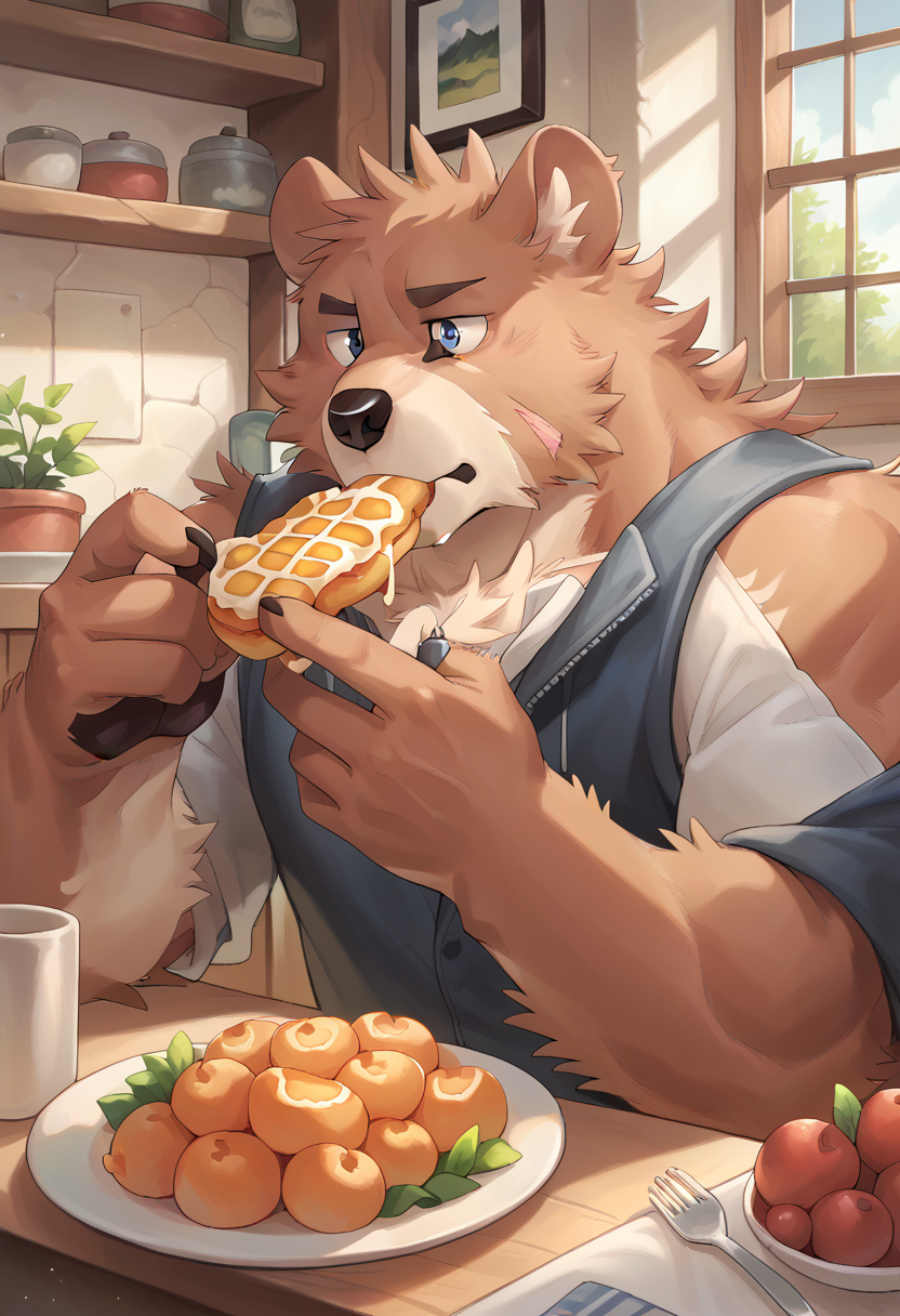 score_9, score_8_up, score_7_up, high quality, hires, by tupidwithouts, 1boy, solo, furry, bear, grey eyes, muscular, bara, eating, detailed background, inside, <lora:TupidwithoutS_style:1.2>