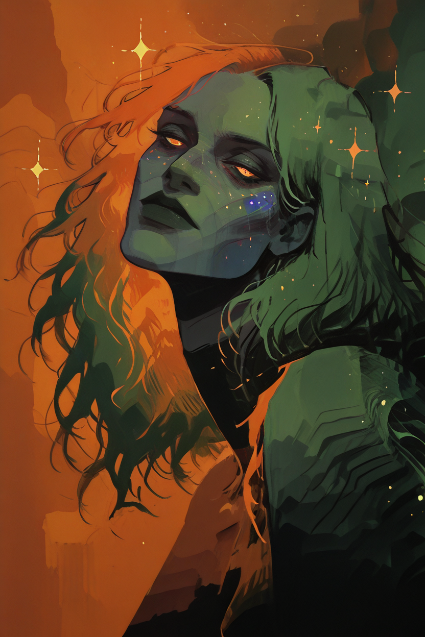 A backlit acrylic of a determined head tilt portrait, featuring a female  model with neon fantasy, her silhouette glowing against a stark white canvas. Iridescent pastel hues shimmer across her features, blending with vivid colors in a dark, moody atmosphere. minimal brush strokes . The interplay of light and shadow enhances the ethereal glow, giving the piece a dreamlike yet resolute presence, where softness meets strength in a mesmerizing contrast, cosmic patterns, glowing skin, green theme, orange theme, sparkle theme, detailed eyes, stark lighting, acrylic colors, <lora:Gen13_CartoonILL:0.41> <lora:Vo1d_Sp3ctrum-final-v1:0.5> <lora:g4n1m3XLP:0.9> <lora:add-detail-xl:2> <lora:Vera-final-v1:0.9> <lora:fennerILL:0.55> <lora:Flatline_-_Illus_x_Niji_checkpoint-e18_s306:0.39> <lora:nhl-001-20:0.85> <lora:Vaporwave_v2:0.95>