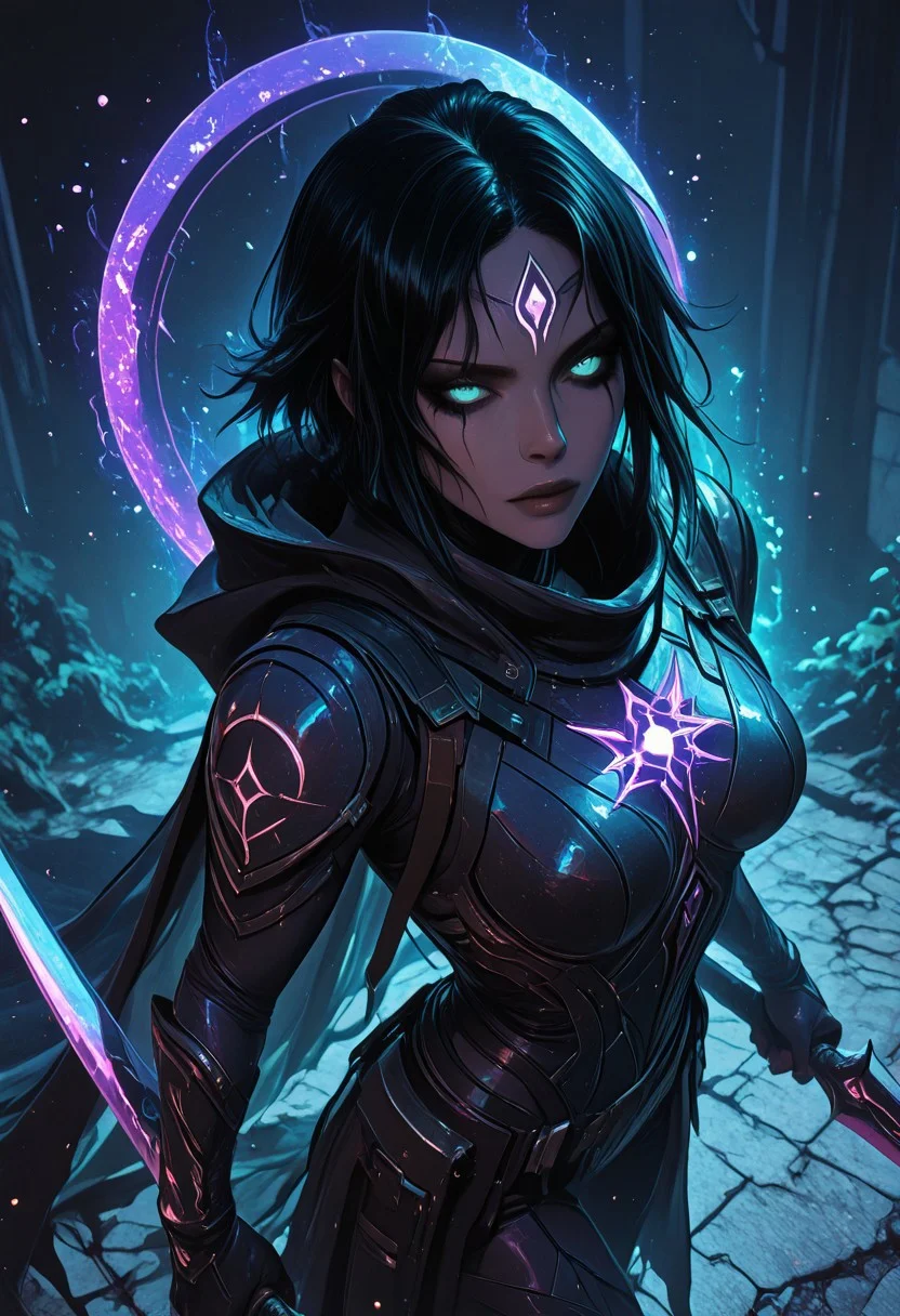(masterpiece), (best quality), 8k, 1girl, celestial assassin, intense low lighting, glowing crescent blades, holding up blades, purple glow, dual-wielding, shadowed face, glowing eyes, dark eclipse sky behind her, glowing voidlight aura, Void crown, mystical sigils on ground, standing on fallen enemy, long flowing cloak fluttering, sci-fi fantasy armor with celestial patterns, moonlit silhouette, cinematic perspective, ethereal particles, solemn expression, radiant eclipse corona, sleek asymmetrical hairstyle, atmosphere of silent finality, black eyeshadow,
Unique, close up, cowboy shot, dutch angle, foreshortening,
From above, Looking at viewer, Close up, Face Focus,