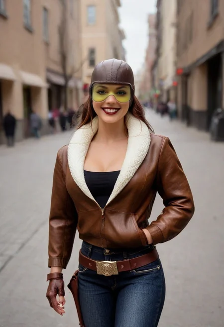 score_10_up, score_9_up, score_8_up, score_7_up, score_10, score_9, score_8, score_7
RS0TXTANE, 1girl, solo, dark red hair, long hair, brown leather aviator cap, yellowish-green-tinted goggles, dark lipstick, brown leather aviator jacket with fur collar, black tank top, black jeans, belt, holster, brown leather gloves.
BREAK
Hourglass figure, cleavage, large breasts. Medium close-up. Mischievous smile. Pretty face. Beautiful face. 21-years-old. Brown eyes. Detailed skin, realistic skin, perfecteyes.
BREAK
(Shallow depth of field:1.4), bokehmachine, blurry background, heart bokeh, rim light, flash photo, cinematic composition.
BREAK
Masterpiece, ultra, extreme detailed, highest detailed, 8k, highres, photorealistic, photo, realistic, realism.
realism, realistic, real life, photorealistic, detailed