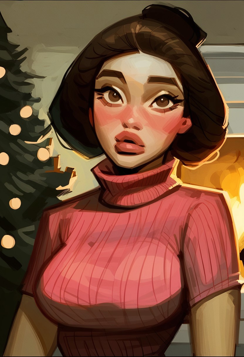 score_9, score_8_up, score_7_up, portrait, painting of wei, brown hair, solo, 1girl, brown eyes, looking at viewer, full lips, large breasts, narrow waist, shadows, charcoal sketch, blushing, high contrast, pink turtleneck sweater, indoors, Christmas tree, fireplace