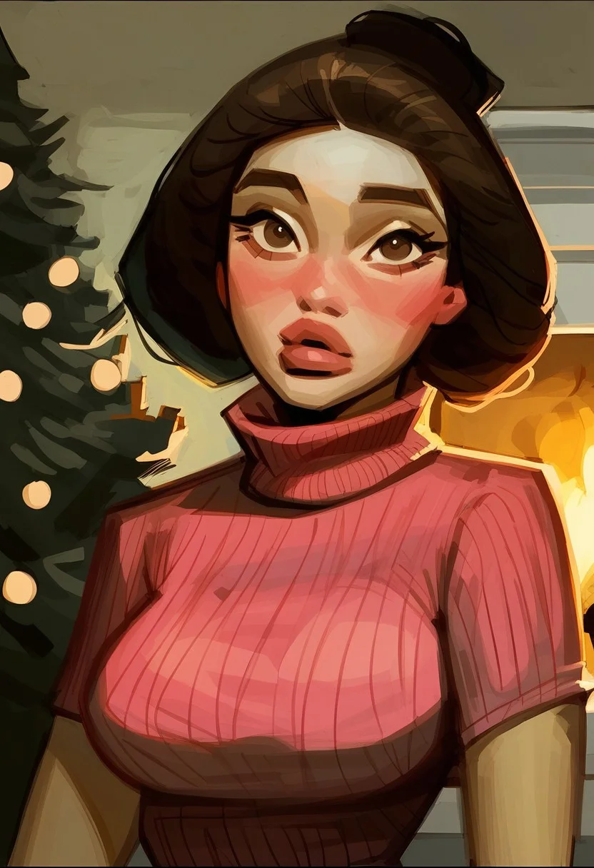 score_9, score_8_up, score_7_up, portrait, painting of wei, brown hair, solo, 1girl, brown eyes, looking at viewer, full lips, large breasts, narrow waist, shadows, charcoal sketch, blushing, high contrast, pink turtleneck sweater, indoors, Christmas tree, fireplace
