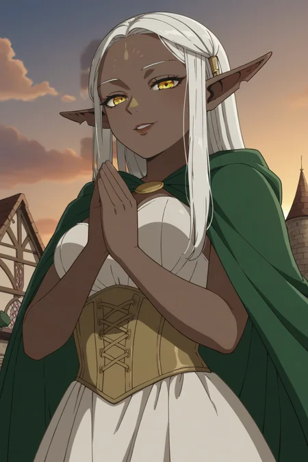 score_9, score_8_up, score_7_up, source_anime, 1girl, prefect lighting, very aesthetic, intricate details, highly detailed background, masterpiece, high quality, prefect hands, best quality, solo,
<lora:Cithis_Dungeon_Meshi_V3:.75>, gold eyes, dark elf, pointy ears, elf, forehead mark, dark skin, white hair, long hair, half-closed eyes, notched ear,
front view, white dress, long white dress, bare shoulders, gold corset, green cape, cape strap,
From below, praying,  seductive smile, smirk, parted lips, looking at viewer,
medieval, town, stone road, storefront, vendor stalls, market, sunset, clouds,
(Beautiful, medium Breasts:1.2), natural breasts,
