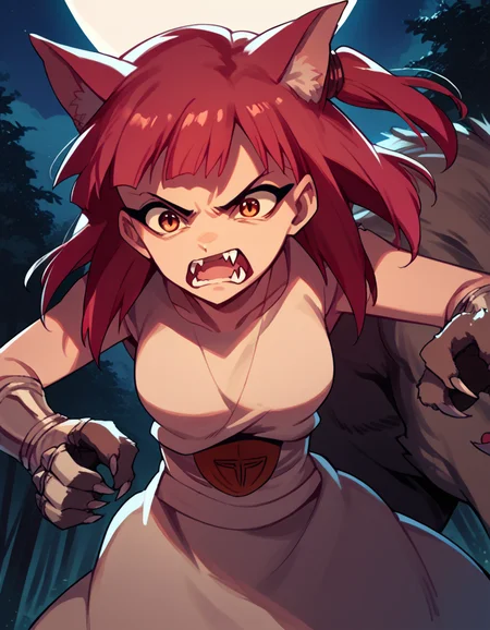 score_9, score_8_up, score_7_up, source_anime, <lora:magi-morgiana-s1-ponyxl-lora-nochekaiser:1>, morgiana, orange eyes, red hair, one side up, medium breasts,, <lora:werewolf-ponyxl-lora-nochekaiser:1>, werewolf, furry, fangs, animal ears, gloves, angry, teeth, animal ear fluff,, forest, night, moon, open mouth, , dutch angle, cowboy shot