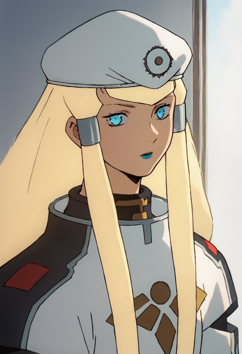 <lora:DianaTurnAPony1.0:1> dianna, solo, 1girl, blonde hair, long hair, blue eyes, lipstick, blue lips, hair tubes, uniform, hat, looking at viewer, portrait,upper body, score_9, score_8_up, score_7_up, score_6_up, score_5_up, score_4_up