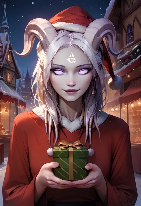 (absurdres, best quality, masterpiece:1.4), score_9, score_8_up, score_7_up, score_6_up, detailed, detailed body, detailed face, 
culDraenei, purple eyes, no sclera, no pupils, long ears,
Santa_Dress, Santa Hat, 
upper body, soft smile, holding a present, 
outdoors, fantasy market background, market stalls, food, snow, sunshine