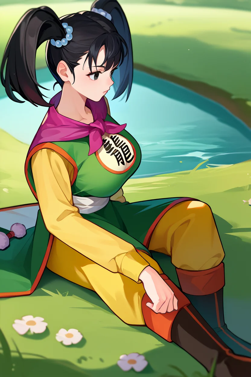 score_9, score_8_up, score_7_up, score_6_up, source_anime, BREAK 1girl, solo, <lora:dq3fighter-pdxl-nvwls-v1-000006:1> dq3fighter, black hair, twintails, black eyes, hair ornament, neckerchief, chinese clothes, green dress, yellow sleeves, long sleeves, yellow pants, sitting on the ground, field, river, legs, boots, from side, big breasts