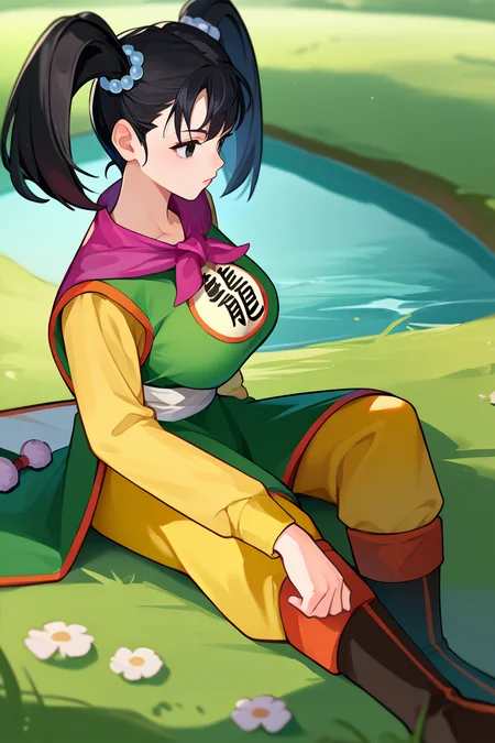 score_9, score_8_up, score_7_up, score_6_up, source_anime, BREAK 1girl, solo, <lora:dq3fighter-pdxl-nvwls-v1-000006:1> dq3fighter, black hair, twintails, black eyes, hair ornament, neckerchief, chinese clothes, green dress, yellow sleeves, long sleeves, yellow pants, sitting on the ground, field, river, legs, boots, from side, big breasts