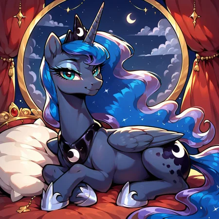 masterpiece, score_9, score_8_up, score_7_up, (best quality:1.1), ultra-detailed, high resolution, 1character, Princess Luna, (((beautiful detailed eyes))), Long eyelashes, Looking At Viewer, Highly Visible, (((8k))), Source_anime, feral, pony, alicorn, female, wings, royal, Lounging On Bed On Side, Looking At Viewer, Bedroom Eyes, Smirk, sharp focus, perfect lighting, beautiful eyes, long eyelashes, anatomically correct, extremely detailed, shine on body, high detail, cute face, Expressiveh, detailed background, OverallDetail, zPDXL2