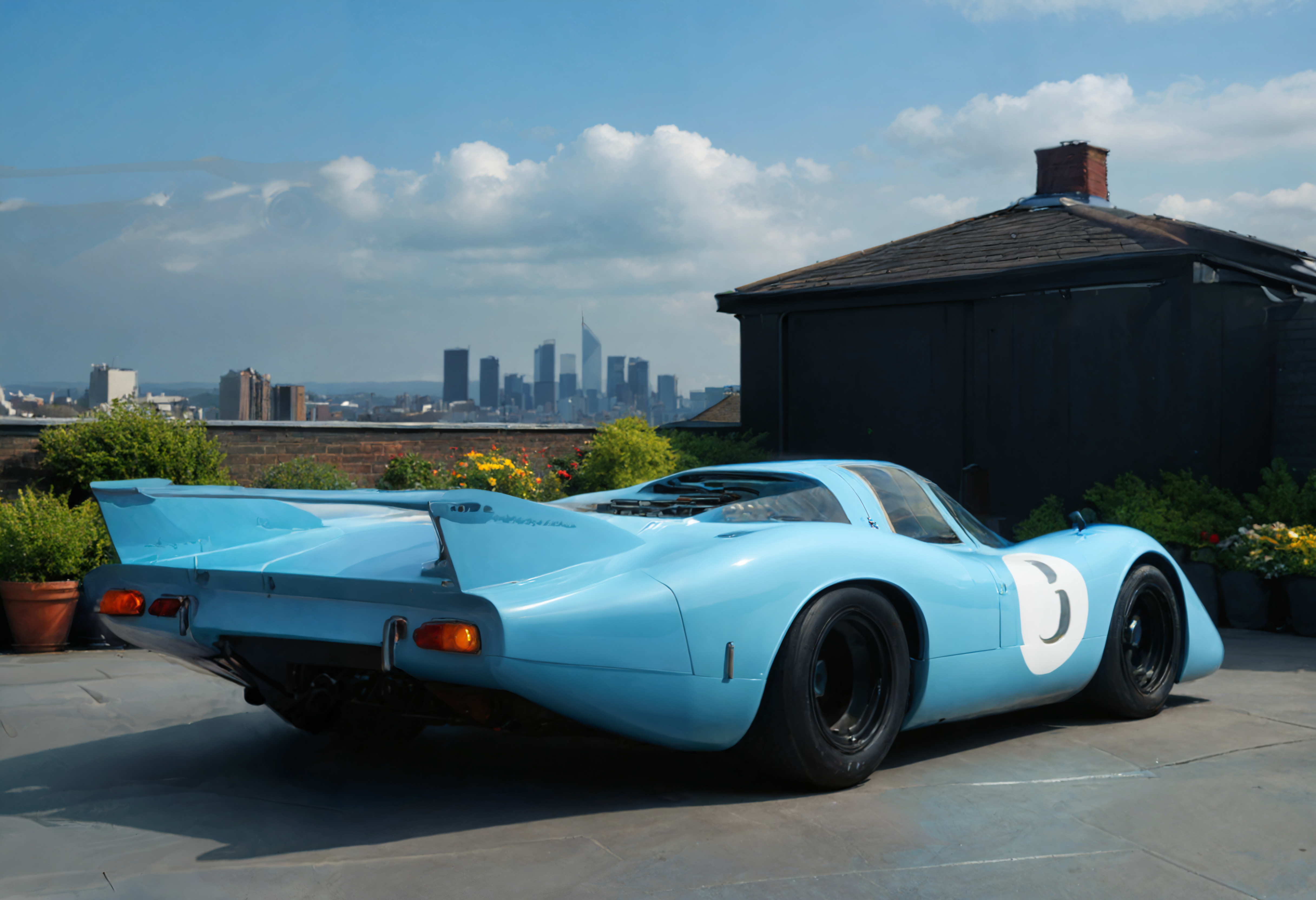a photograph of a sports car, p0rsche9l7xl,     Clear Blue Skies: Bright, clear skies that often symbolize positivity, openness, and clarity., Ocean Blue,  rear 3/4 view , A rooftop garden with city lights as a backdrop., dark, low-key,   low color saturation, concept art, perfect composition, masterpiece, professional photography, zeiss lens, shot on dslr 64 megapixels, sharp focus, intricately detailed, dramatic, tilt shift, f/32,