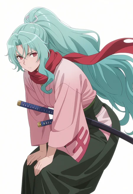 Smooth Quality,masterpiece, ultra realistic,
simple background, white background,
dynamic angle,@ @,hand on own knee ,
<lora:Tomoecnn:0.8> sofia/cnn, 1girl, long hair, scarf, ponytail, red eyes, japanese clothes, katana, green hair, very long hair,