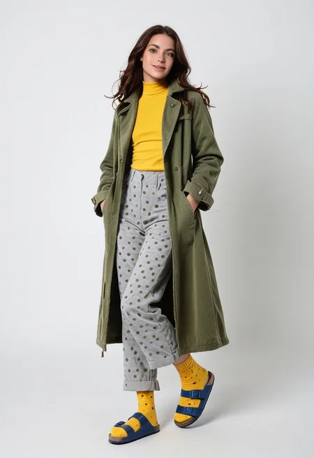 (realistic photograph of woman wearing socks sandals trousers coat), 1girl, solo, dynamic_pose, simple_background, white_background, scksnsndls, patterned blue and yellow socks, gray trousers, red and green coat, full_body, birksonsocks, birkenstock