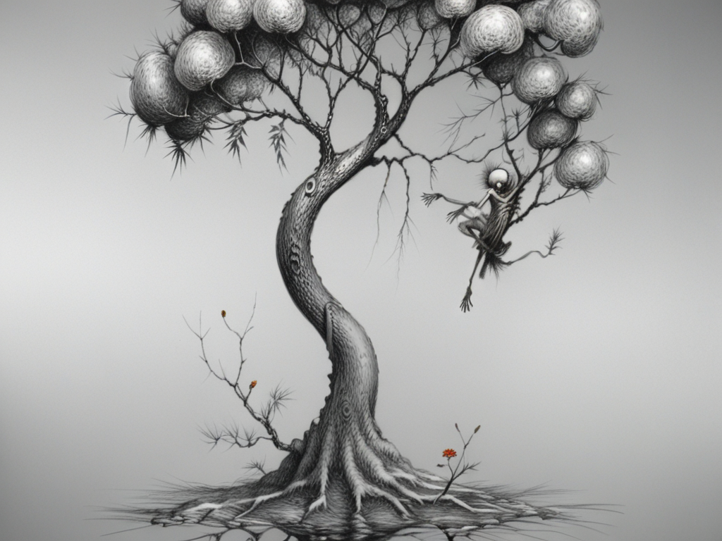 <lora:sur-mono_XL:1>, sur-mono_XL, monochrome, line sketch, surrealistic, high contrast, flower, grey background, tree, no humans, traditional media, branch, in the style of Salvadori Dali