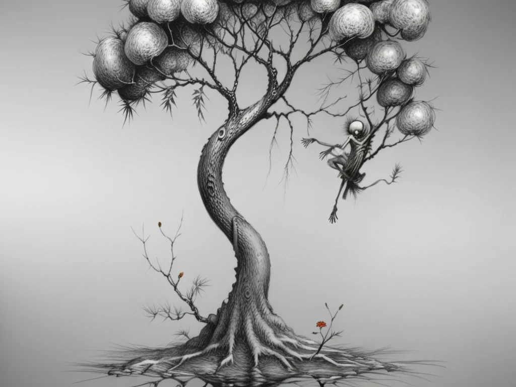 <lora:sur-mono_XL:1>, sur-mono_XL, monochrome, line sketch, surrealistic, high contrast, flower, grey background, tree, no humans, traditional media, branch, in the style of Salvadori Dali