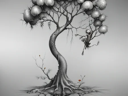 <lora:sur-mono_XL:1>, sur-mono_XL, monochrome, line sketch, surrealistic, high contrast, flower, grey background, tree, no humans, traditional media, branch, in the style of Salvadori Dali