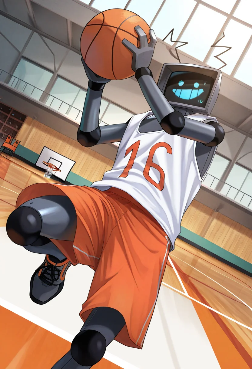 very awa, masterpiece, best quality, absurdres, newest, perfect quality, detailed background, intricate details, offical art, source_cartoon,
1boy, male, male only, male focus, no human, solo,
(HexFNF, robot, basketball uniform, white tank top, orange shorts),
basketball court, detailed background, dynamic angle, dynamic pose, dutch angle,
grin, looking at viewer, holding, holding basketball,
<lora:HexIL2:1>