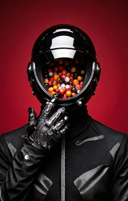 artwork featuring a futuristic, abstract human figure set against a deep, rich red background. The figure is adorned with a sleek, reflective helmet that covers the head and part of the neck. The helmet is glossy, with a transparent visor that reveals a mouthful of colorful, spherical objects, possibly candy or small marbles in shades of red, orange, yellow, and white, floating in mid-air. The visor is surrounded by metallic, angular detailing, giving it a high-tech, sci-fi appearance.The figure's body is encased in a black, form-fitting suit with a high collar, suggesting a futuristic, possibly military or space suit. The suit's texture is smooth and reflective, mirroring the helmet. The figure's hands are gloved in black, with visible mechanical components and joints, indicating advanced technology. The gloves are adorned with small, intricate patterns and textures, adding to the high-tech aesthetic.The overall style of the artwork is highly detailed and polished, with a focus on smooth, reflective surfaces and precise, geometric shapes. The color palette is primarily black, red, and metallic, with the vivid, colorful objects in the visor providing a stark contrast. The image is a blend of realism and abstraction, combining elements of fashion. ,aidmaimageupgrader, aidmaMJ6.1 <lora:aidmaMJ6.1-FLUX-v0.5:0.7> <lora:aidmaImageUprader-FLUX-v0.3:0.4>