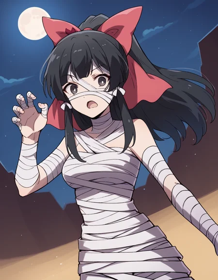 score_9, score_8_up, score_7_up, source_anime, <lora:yae-kokonoe-s2-ponyxl-lora-nochekaiser:1>, yae kokonoe, long hair, bangs, black hair, bow, ribbon, hair ribbon, ponytail, hair bow, black eyes, grey eyes, medium breasts,, <lora:mummy-costume-ponyxl-lora-nochekaiser:1>, mummy costume, bandages, halloween costume, bandaged arm, zombie pose, bandage on face,, desert, moon, night, open mouth, , dutch angle, cowboy shot