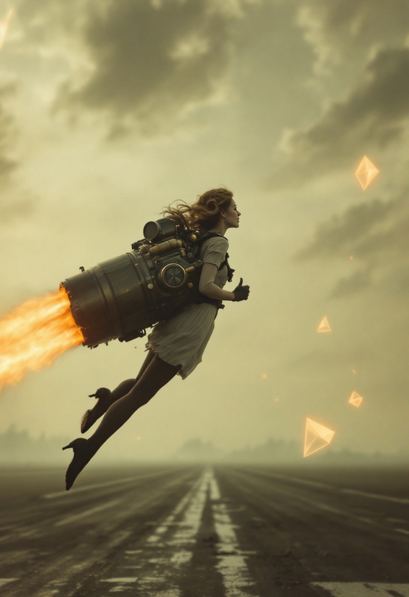 A vintage photograph captures a woman mid-flight, her silhouette framed against the vast, open sky of an abandoned airfield. She wears striped stockings, a short corduroy skirt, and a fitted blouse, her windswept hair styled in elegant 1920s waves. Strapped to her back is an elaborate steam-powered jetpack—a mechanical marvel of brass pipes, riveted metal plating, and exposed gears. A massive boiler hums and rattles as it releases plumes of vapor, the scorching steam curling into the air like spectral ribbons. Twin exhaust nozzles glow faintly with embers, their heat shimmering against the cool, misty horizon.
The remains of faded runway markings flicker under the diffused, golden glow of a sinking sun, its light fractured by something unnatural. Floating in the air, jagged neon-orange geometric anomalies distort reality itself—sharp prisms of broken space, cutting through the mist like fractured glass. These glitches are not artificial overlays but tangible disruptions, warping the air and bending the light around them. Some drift lazily, pulsing with a synthetic glow, while others slice through the environment, their neon reflections dancing across the woman’s metallic jetpack. The entire scene is bathed in a surreal contrast of warm, golden hues and cool, artificial neons. The woman, poised between history and impossibility, soars through the air, her jetpack roaring, the steam swirling, and the world shifting unpredictably around her.