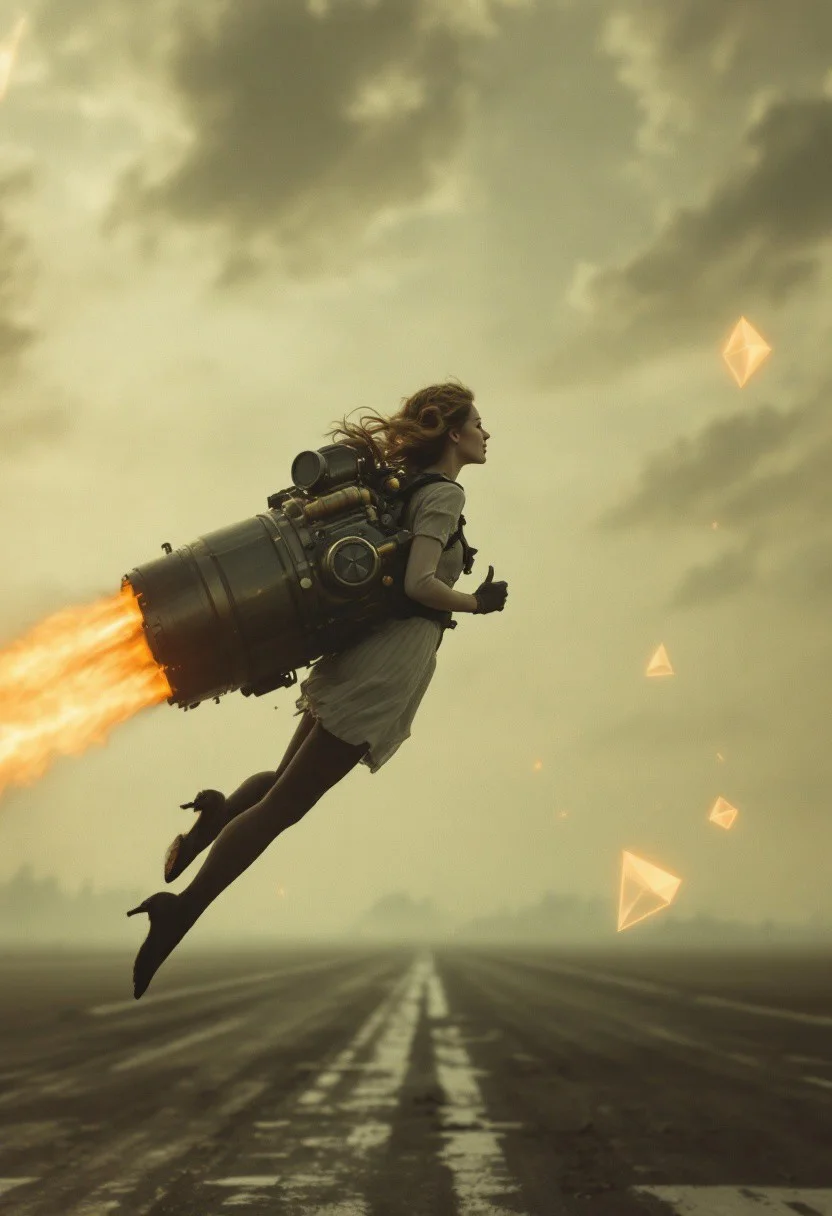 A vintage photograph captures a woman mid-flight, her silhouette framed against the vast, open sky of an abandoned airfield. She wears striped stockings, a short corduroy skirt, and a fitted blouse, her windswept hair styled in elegant 1920s waves. Strapped to her back is an elaborate steam-powered jetpack—a mechanical marvel of brass pipes, riveted metal plating, and exposed gears. A massive boiler hums and rattles as it releases plumes of vapor, the scorching steam curling into the air like spectral ribbons. Twin exhaust nozzles glow faintly with embers, their heat shimmering against the cool, misty horizon.
The remains of faded runway markings flicker under the diffused, golden glow of a sinking sun, its light fractured by something unnatural. Floating in the air, jagged neon-orange geometric anomalies distort reality itself—sharp prisms of broken space, cutting through the mist like fractured glass. These glitches are not artificial overlays but tangible disruptions, warping the air and bending the light around them. Some drift lazily, pulsing with a synthetic glow, while others slice through the environment, their neon reflections dancing across the woman’s metallic jetpack. The entire scene is bathed in a surreal contrast of warm, golden hues and cool, artificial neons. The woman, poised between history and impossibility, soars through the air, her jetpack roaring, the steam swirling, and the world shifting unpredictably around her.