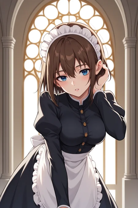 score_9, score_8_up, score_7_up, source_anime, 1girl, prefect lighting, very aesthetic, intricate details, highly detailed background, masterpiece, high quality, prefect hands, best quality, solo,
<lora:Rurikawa_Tsubaki_Maid_Kyouiku_V1:.85>, KJOrurikawa, brown hair, blue eyes, medium hair, bangs, hair between eyes,
maid apron, maid headdress, skirt, white panties,
expressionless, parted lips, adjusting hair, leaning forward, looking down, head tilt, blush,
mansion, ballroom,
(Beautiful, medium Breasts:1.2), natural breasts,