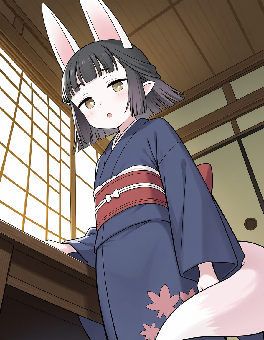 general,highres, ultra-detailed,very aesthetic,best quality ,best hands,  BREAK <lora:Hasaha_IS:1.1> Hasaha, 1girl,solo, red sash, red belt,
1girl, kimono, solo, japanese clothes, animal ears, tail, fox ears, black hair, sash, from below, looking at viewer, blush, obi, pointy ears, fox tail, blue kimono, short hair, yellow eyes, open mouth, bangs, long sleeves, fox girl, wide sleeves, brown eyes, indoors, standing, :o, medium hair, blunt bangs, looking down, 
Japanese room, tatami,