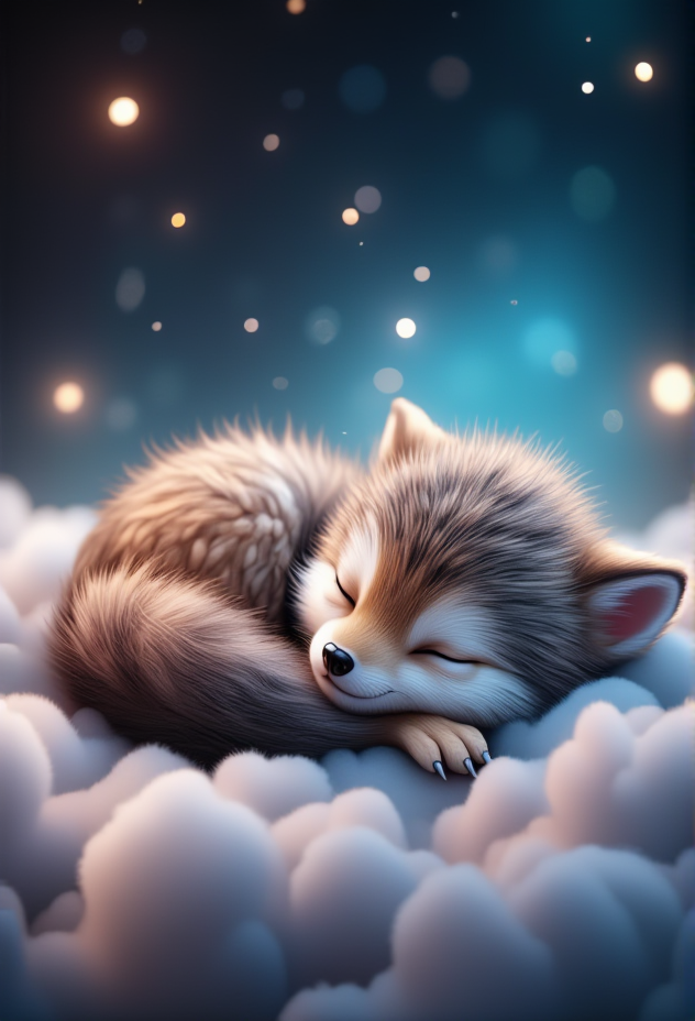 a gentle baby wolf with a wagging tail, bv-cutenh, sleeping peacefully on a cloud, captured from a 3/4 view, in a fantastical style, ultra-detailed, with vibrant, radiant colors and sparkling ambiance that creates a sense of wonder, emphasizing extreme cuteness and charm with soft, rounded features, oversized, expressive eyes, and an enchanting atmosphere.<lora:bv-cuteness-enhancer-v1.safetensors:1.0:1.0>