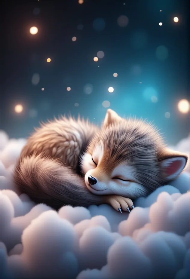 a gentle baby wolf with a wagging tail, bv-cutenh, sleeping peacefully on a cloud, captured from a 3/4 view, in a fantastical style, ultra-detailed, with vibrant, radiant colors and sparkling ambiance that creates a sense of wonder, emphasizing extreme cuteness and charm with soft, rounded features, oversized, expressive eyes, and an enchanting atmosphere.<lora:bv-cuteness-enhancer-v1.safetensors:1.0:1.0>